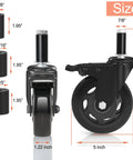 5 Inch Heavy Duty Expanding Stem Casters For Stainless Steel Prep Tables And Carts Fits Tube Legs 7/8 To 1-5/8 Inch With Adjustable Rubber Sleeve Adaptors Set Of 4 Durable Construction For Heavy Daily Use showing size dimensions