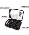 Open blow mold case with 5-Piece Torque Limiting Extension Set, chrome-moly extensions, color-coded for easy identification.