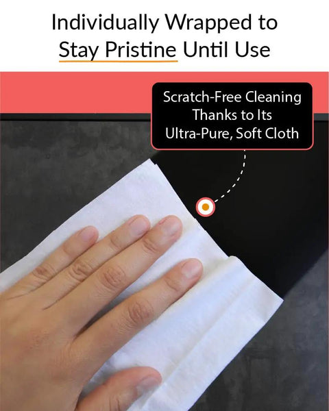 Hand using XL Pro Grade Electronics Cleaning Wipe For TV Monitor And Laptop 9 By 12 Inch Pre Moistened Cloth With 70 Percent Isopropyl Alcohol Individually Sealed Streak Free Lint Free Restores Optical Clarity on screen