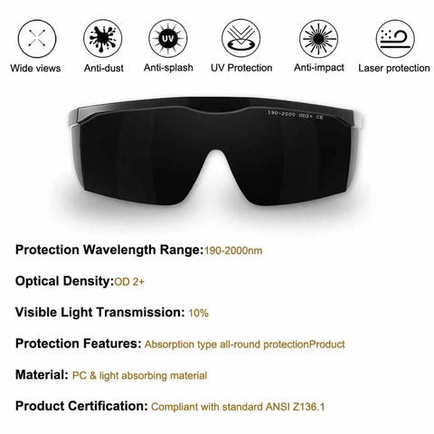 Legit Heavy Duty IPL Laser Safety Glasses With Solid Eye Protection And Broad Spectrum Shielding Against Ultraviolet Blue Light And Infrared Beams For Laser Hair Removal Treatment, showing durable black frames and lenses.