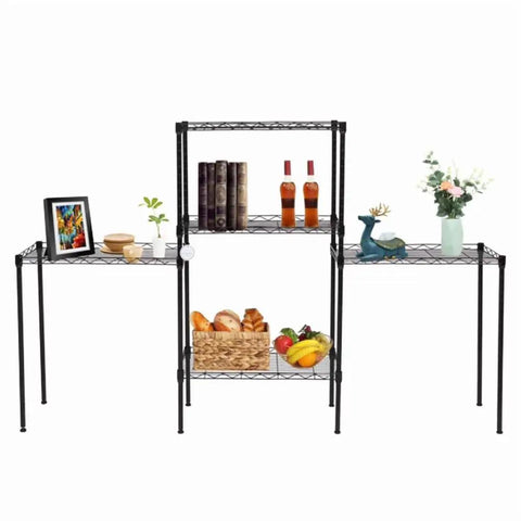 Five Tier Heavy Duty Storage Rack In Black 550 Lb Capacity Top Shelf Carbon Steel Workhorse Shelving displaying books, food, and decor.