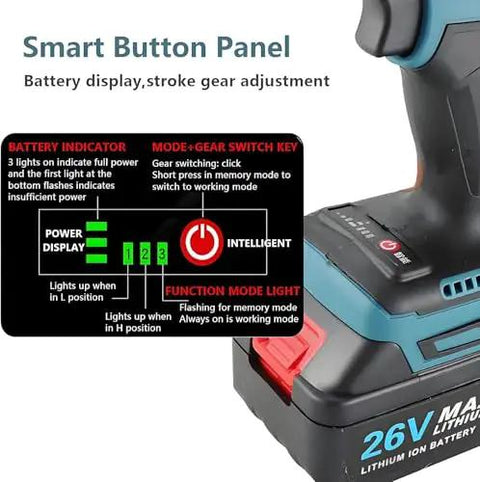 Smart button panel showing battery display and gear adjustment for Heavy Duty Cordless Electric Rivet Gun with 5200mAh battery.