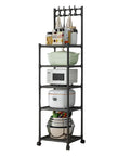 Five Tier Heavy Duty Storage Rack With Smooth Swivel Rolling Wheels Industrial Platform Shelving Unit For Garage Home Organization Rock Solid Rust Coated Steel Frame Badass Daily Driver Organizer holding kitchen items.