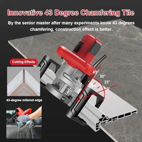 Heavy Duty Electric Tile Bevel Cutter And Wet Cut Angle Grinder For Ceramic And Marble Featuring 1200 Watt Motor, 43 degree chamfering detail.