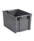 Medium Open Top Stackable Plastic Storage Bin With Reinforced Carry Handles Heavy Duty Gray Utility Tote Built Damn Tough for garage organization.