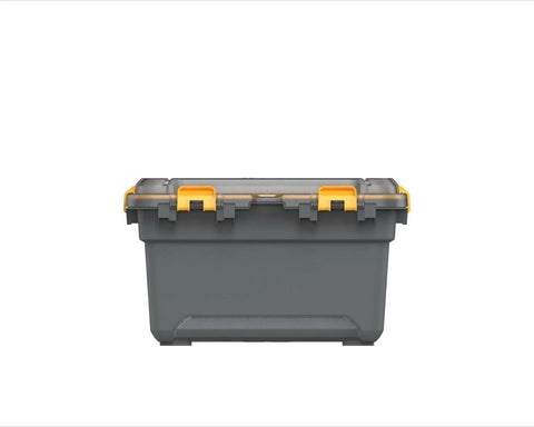 Toss Your Gear In This Heavy Duty 5.28 Gallon Waterproof Plastic Storage Tote Bin with yellow latches and gray base.
