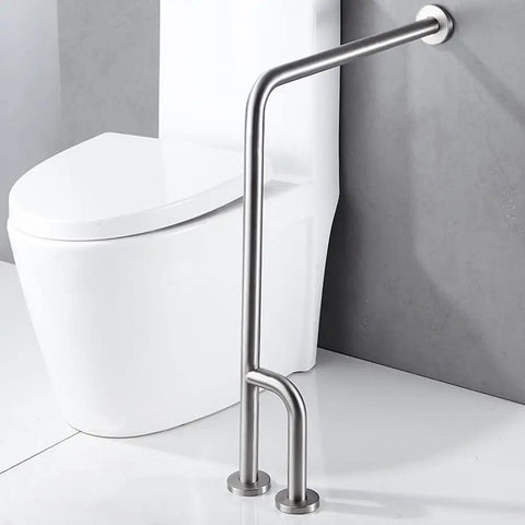 Heavy Duty Toilet Safety Rail 27.5 Inch Bathroom Grab Bar Featuring Brushed Stainless Steel Build installed next to a toilet.