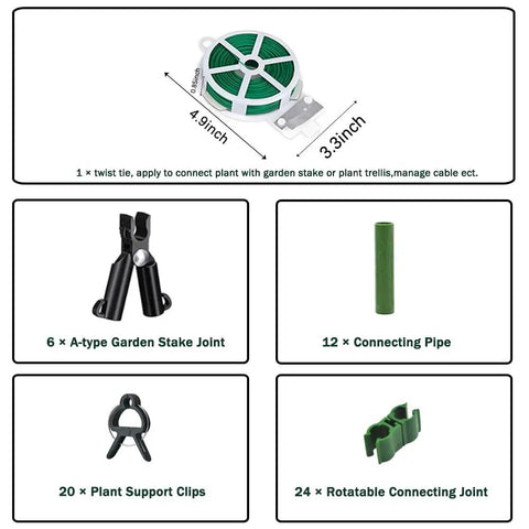 Product components of All In One Garden Trellis Kit With Plant Clips And Stake Connectors Includes Six A Type Joints Twelve Extenders