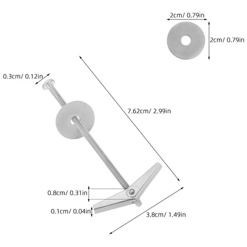 Dimensions of Heavy Duty Toggle Bolt and Wing Nut Kit, 15 Sets for Drywall and Wood Panels, Easy Install Anchors, shown in silver.