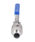 Heavy Hitter 3/4 Inch Ball Valve Built From 304 Stainless Steel With NPT Male Thread Ends and a Non Slipping Hand Lever shown front view.