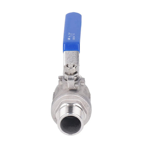Heavy Hitter 3/4 Inch Ball Valve Built From 304 Stainless Steel With NPT Male Thread Ends and a Non Slipping Hand Lever shown front view.