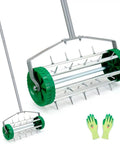 Pro Grade Spike Lawn Aerator With Heavy Duty Rolling Design For Lawn And Garden, shown with 49 inch steel handle and green wheels