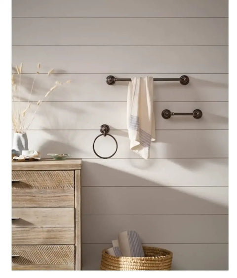 Bathroom with bronze towel holder set and wood cabinet, showcasing Three Piece Orb PH Tool Kit For TR Systems Budget Friendly Set Packed