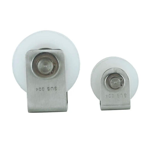 Heavy Duty Nylon Roller Wheel With 304 Stainless Steel Bearings For Smooth Gliding Track Pulleys and Built Tough Industrial Door Rail Guides In U Shape Configuration, showing two sizes.