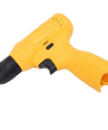 Straight Up Heavy Duty Cordless Drill Driver With Bright Led Light And Ergonomic Handle For Wood Brick Tile Drilling Quick Home Repairs And Furniture Assembly Real Deal Power Tool yellow cordless drill shown from the side with black chuck.