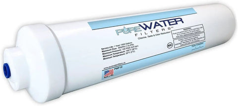 Slick Inline Water Filter Kit For Refrigerators And Ice Makers With Quick Connect Fittings And Fifteen Foot Tubing For Fresh Tasting Hella Clean NSF Certified Chlorine Odor Reduction, white cylindrical filter.