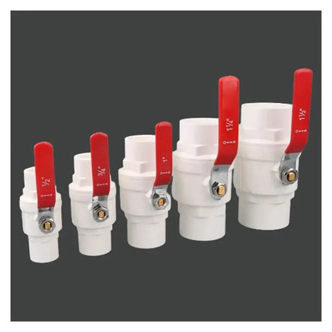 Rock Solid White Pvc Ball Valve Leak Proof Plumbing Connector Featuring Smooth Turn Handle Built Tight Water Shut Off Fitting For Home And Workshop Pipes of various sizes.