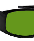 Top Drawer Laser Safety Glasses Built Tough With Dual Layer Polycarbonate Lenses, green lenses in sturdy black frame.