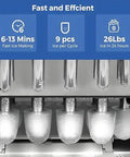 Kick Ass Portable Countertop Ice Maker Machine features ice production details showing bullet ice with quick 6-13 minute cycle.