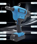 Straight Up Rock Solid Pro Cordless Brushless Riveting Gun Kit One Touch Quick Pull Automatic Rivet Nut Tool Battery Powered Workhorse For Metal Wood Projects with detailed features labeled.