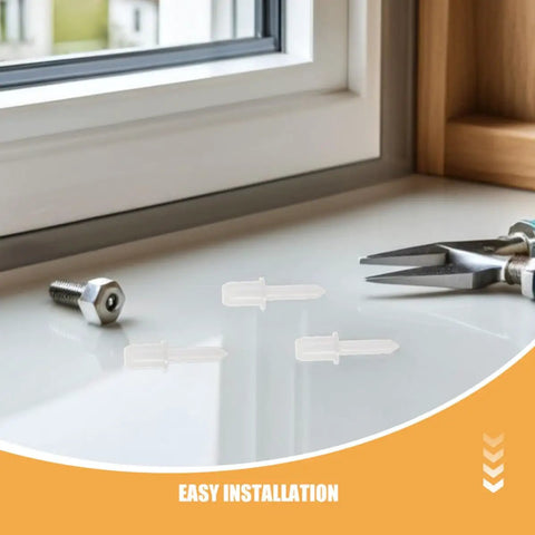 Complete Heavy Duty Plantation Blind Repair Kit Including 70 Color Matched Plastic Shutter Pins And Louver Staples For No Sweat Home Install, view of installation area with plastic pins.