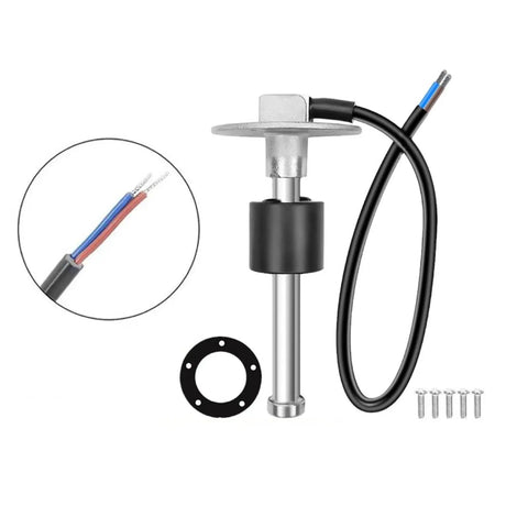 Hella Reliable 2 Wire Flange Fuel Level Sender With 5 Hole Plate And 0 To 90 Ohm Readout, stainless steel with wiring and mounting plate.