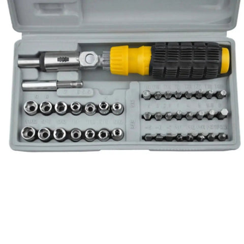 Ready To Bust Knuckles On Car Repairs Rock This 41 Piece Mini Socket Wrench Set With A Reversible Ratchet And Non Slip Handles That Turn Easy For Tight Spot Work And Quick Under Hood Fixes, inside view of 41-piece socket set.
