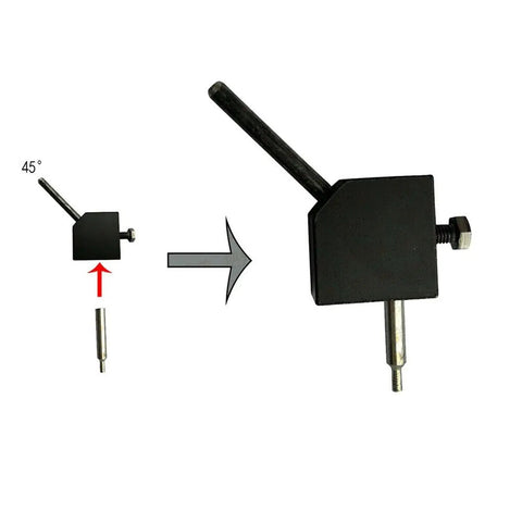 Premium Forty Five Degree Angle Converter For Gem Faceting Machines and Jade Grinding Tools shown at 45 degrees, black material, adjustable setup.