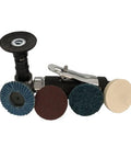 Straight Shot 1/4 Inch Air Angle Die Grinder With 90 Degree Powerhead And Four Collets, showing various grinding discs for metal work.