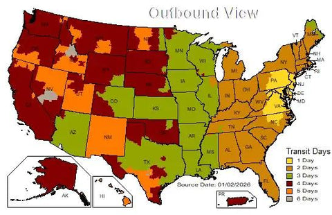 Outbound view transit days map of the US shows shipping timeframes by state, with colors indicating different transit durations.