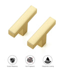 Top Shelf Brushed Gold Cabinet Handles Hella Sturdy Single Hole Drawer Pulls Two Inch Long Solid Zinc Hardware No Nonsense Thirty Pack close-up view of two gold drawer pulls with anti-fingerprint coating.