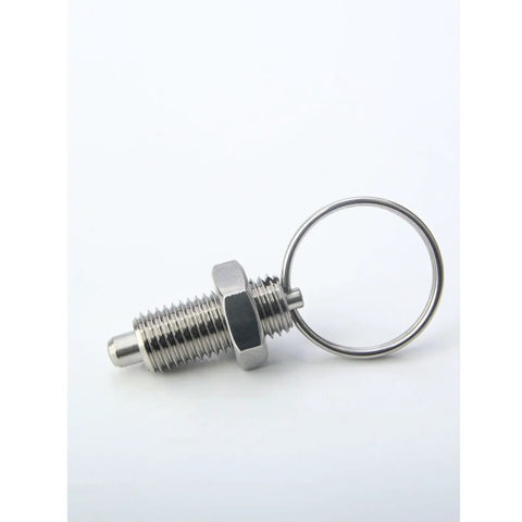 Built Tough Stainless Steel Retractable Index Plunger With Pull Ring And Locking Screw showing threaded body and pull ring.