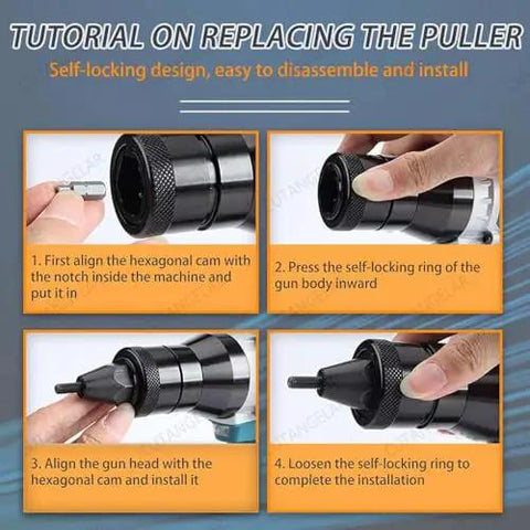 Tutorial images for replacing the puller in the No Plug Hassle Badass 26V Cordless Rivet Nut Gun Kit.
