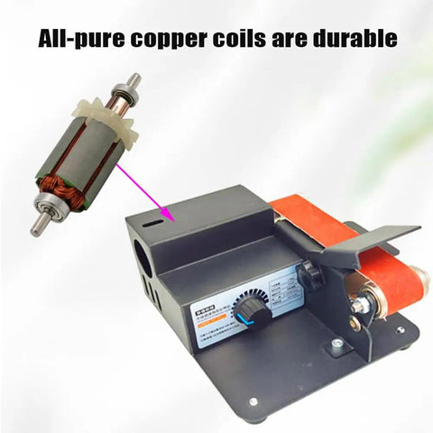 Pro Level Micro Belt Sander And Polisher showing copper coil motor, durable steel body, compact design for DIY tasks.