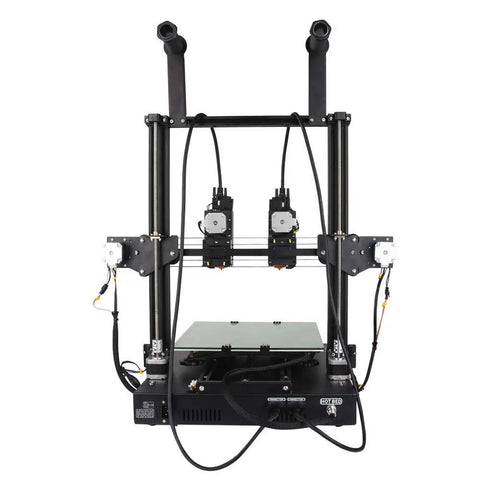 TL D3 Pro Dual Extruder 3D Printer With 300 Degree Hotend Silent Tmc2209 Drives 600W Power Supply front view showing dual print heads and workspace.