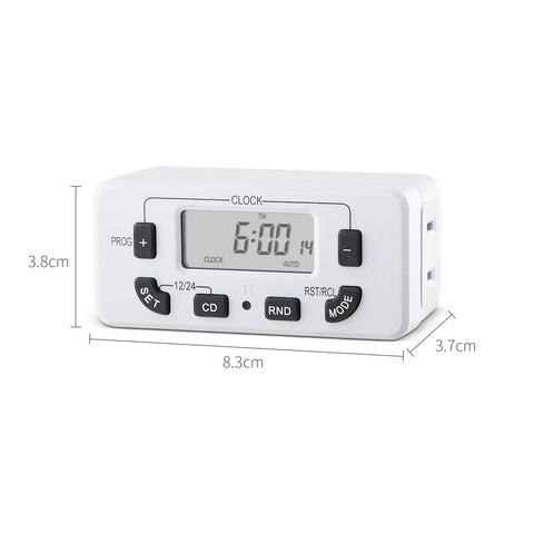 Drop Dead Simple 7 Day Programmable Digital Timer Outlet With 15 Amp Capacity Smooth Operation, white digital timer with buttons, 8.3x3.8 cm.