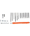 Various drill bits and sockets for Badass Brushless Cordless Drill Set With A Beefy 350 Watt Motor And Swift 1450Rpm Speed.