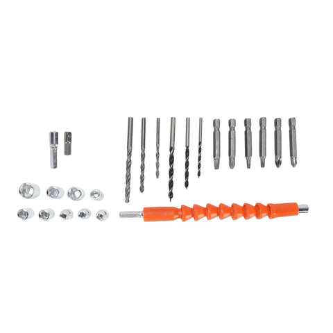 Various drill bits and sockets for Badass Brushless Cordless Drill Set With A Beefy 350 Watt Motor And Swift 1450Rpm Speed.