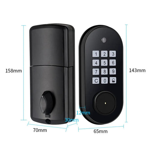 No-Fuss Electronic Keypad Deadbolt Lock With Seamless Keyless Entry Backup Wrench Key And Smart Auto Locking For Front Door setup dimensions 158mm by 70mm in matte black.