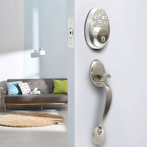 Keyless Entry Front Door Lock Set With Handle, Electronic Keypad Deadbolt, Auto Lock, Satin Nickel Finish, installed on a door