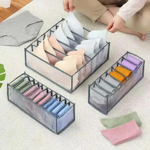 3 Piece Foldable Underwear Drawer Organizer Set For Bras Socks And Lingerie Multi Grid Closet Storage Bins crafted from durable Oxford fabric.