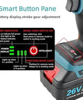 Smart button pane of Kickass Cordless Rivet Nut Gun Kit featuring battery indicator and gear adjustment for efficient use.