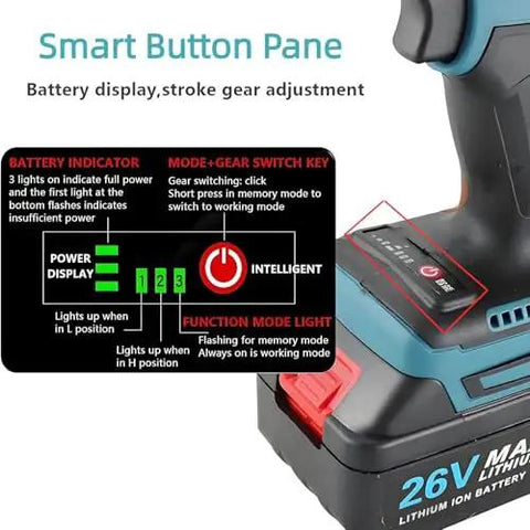 Smart button pane of Kickass Cordless Rivet Nut Gun Kit featuring battery indicator and gear adjustment for efficient use.