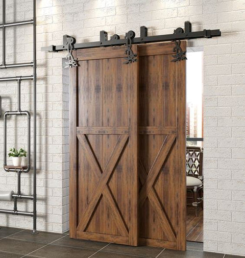 Black Rustic Double Track U Shape Bypass Sliding Barn Door Hardware Kit For Two Doors 5.5ft Flat Track With Flower Roller Design