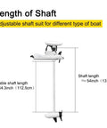 12 Volt 55 Pound Thrust Bow Mount Trolling Motor With 54 Inch Shaft showing adjustable lengths and dimensions for various boat types.