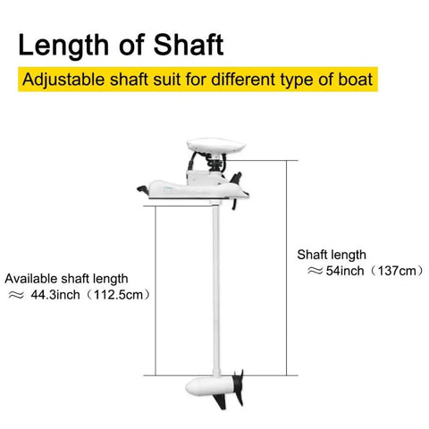 12 Volt 55 Pound Thrust Bow Mount Trolling Motor With 54 Inch Shaft showing adjustable lengths and dimensions for various boat types.