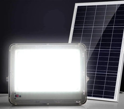 Badass Solar Led Flood Light With Advanced Motion Sensor IP66 Waterproof Outdoor Security Fixture Tough As Nails Die Cast Aluminum Build For Fences And Patios Super Bright Daylight White with solar panel.