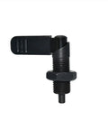Knockout Quality Lever Indexing Plunger With Spring Screw And Pin 180 Degree Position Lock Fine Thread Metric Fastener, black, side view.