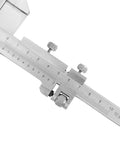 Close-up of Heavy Duty Stainless Steel Vernier Caliper Built To Crush Tough Precision Jobs Measures Gear Tooth Thickness Exactly Dual Slide Scales.