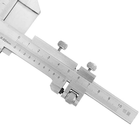 Close-up of Heavy Duty Stainless Steel Vernier Caliper Built To Crush Tough Precision Jobs Measures Gear Tooth Thickness Exactly Dual Slide Scales.
